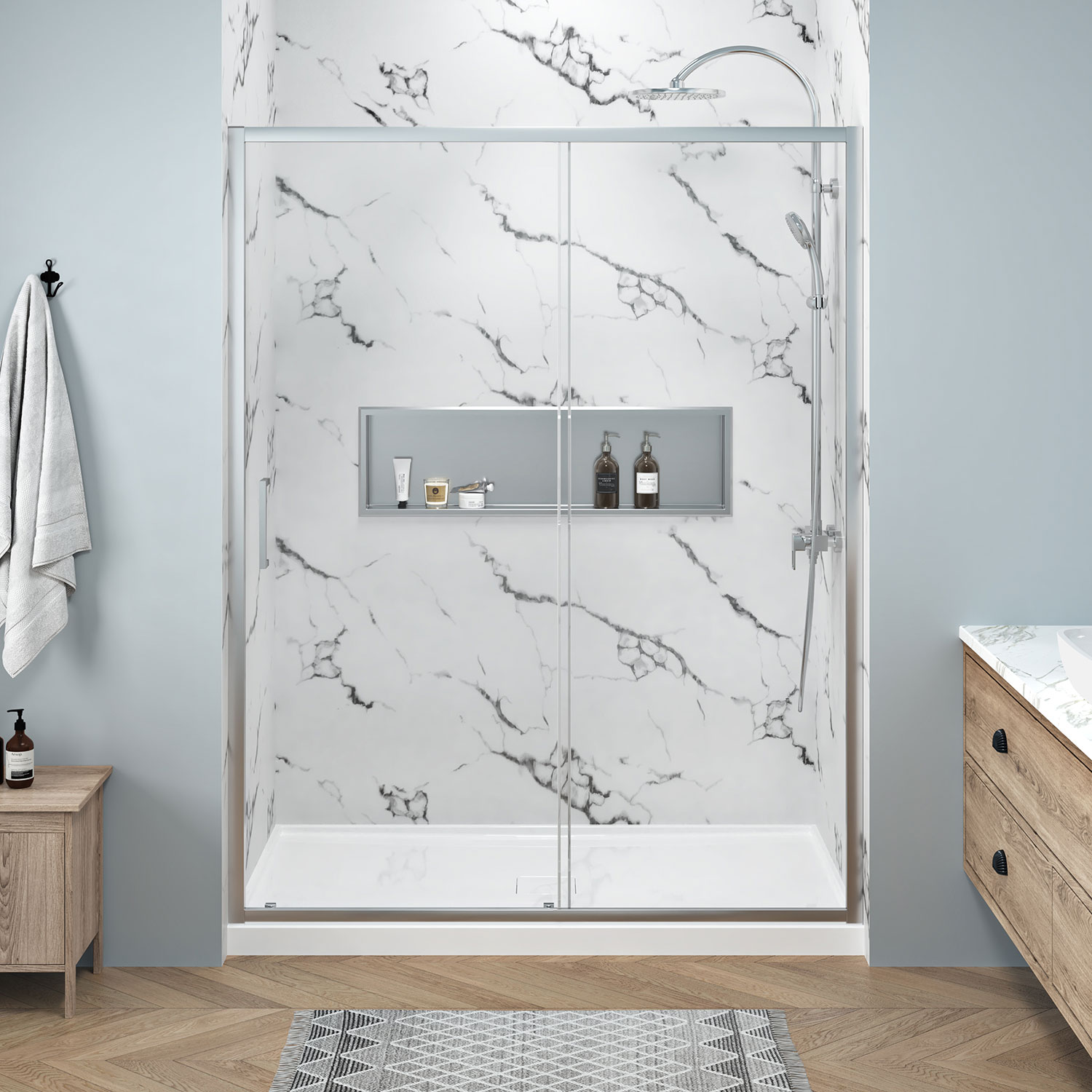 Shower door, 60'' in alcove, sliding door, in chrome - Acryline
